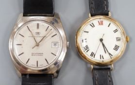 A gentleman's 1930' 9ct gold manual wind wrist watch, on a leather strap, 27.5 grams and a similar