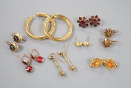 Eight assorted pairs of yellow metal or yellow metal and gem set earrings, including two pairs of