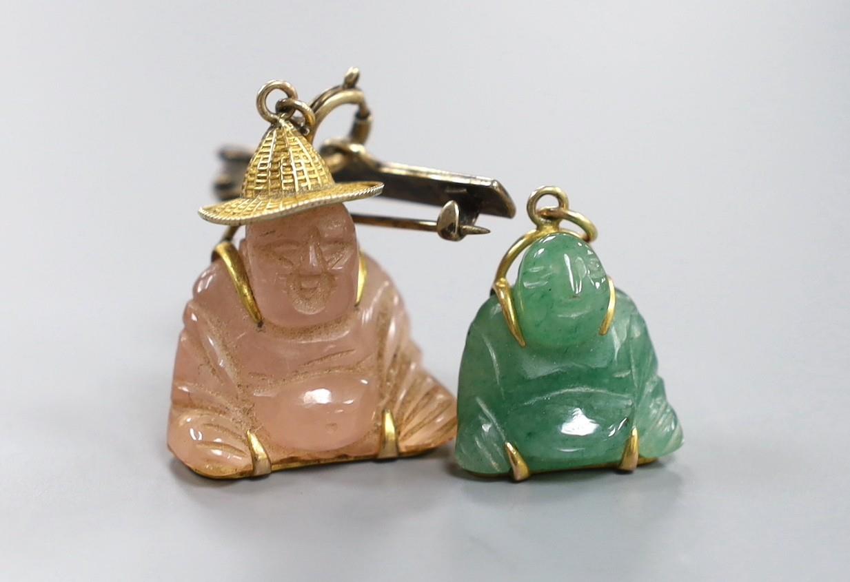 A Chinese 14k mounted rose quartz Buddha pendant on brooch attachment, 30mm and a similar 14k