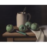 Christopher Cawthorne (20th C.), oil on canvas, Still life of apples and a mug upon a table top,
