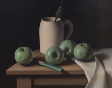 Christopher Cawthorne (20th C.), oil on canvas, Still life of apples and a mug upon a table top,