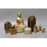 A group of Chinese soapstone carvings, a composition portable shrine and a Buddha figure (7)