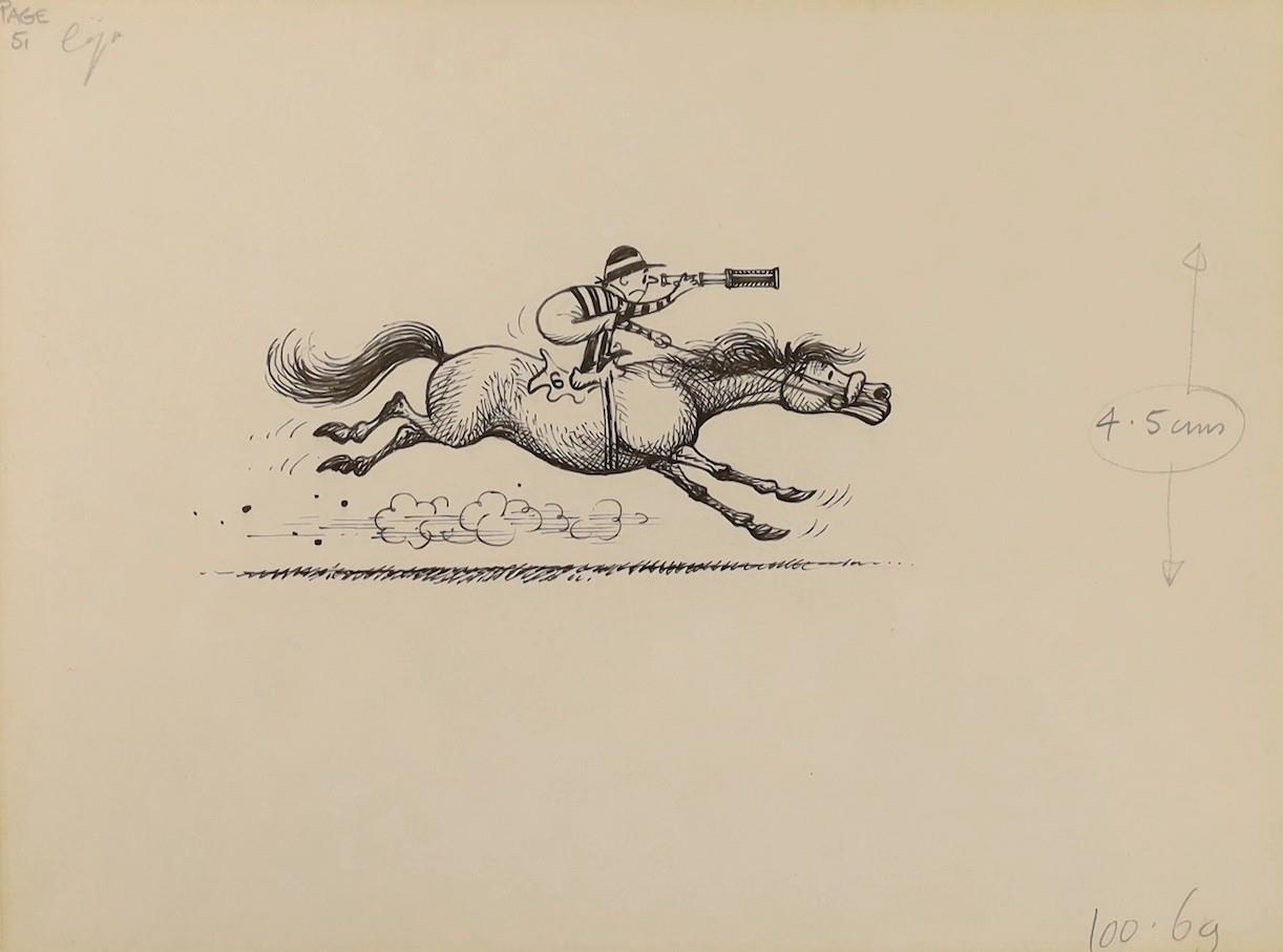 Norman Thelwell (1923-2004), original pen and ink illustration, 'Jockey fallen behind', annotated in