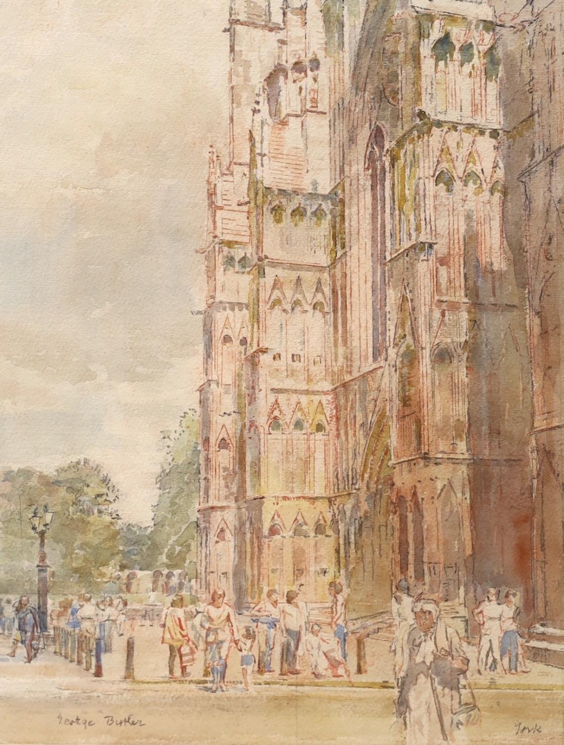 George Butler (1904-1999), watercolour, 'York', figures outside Yorkminster Cathedral, signed, 37