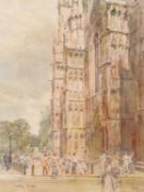 George Butler (1904-1999), watercolour, 'York', figures outside Yorkminster Cathedral, signed, 37