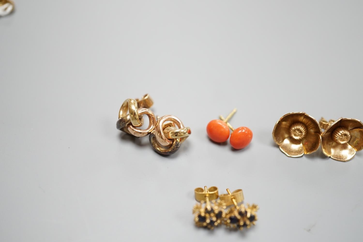 A pair of 750 yellow metal and coral bead ear studs, gross weight 1.8 grams and three pairs of - Image 3 of 4