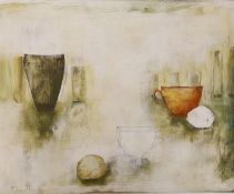 Ffiona Lewis (b.1964), oil and pencil on relief board, 'Red Cup - Dado Rail', signed and dated '