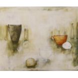 Ffiona Lewis (b.1964), oil and pencil on relief board, 'Red Cup - Dado Rail', signed and dated '