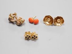 A pair of 750 yellow metal and coral bead ear studs, gross weight 1.8 grams and three pairs of