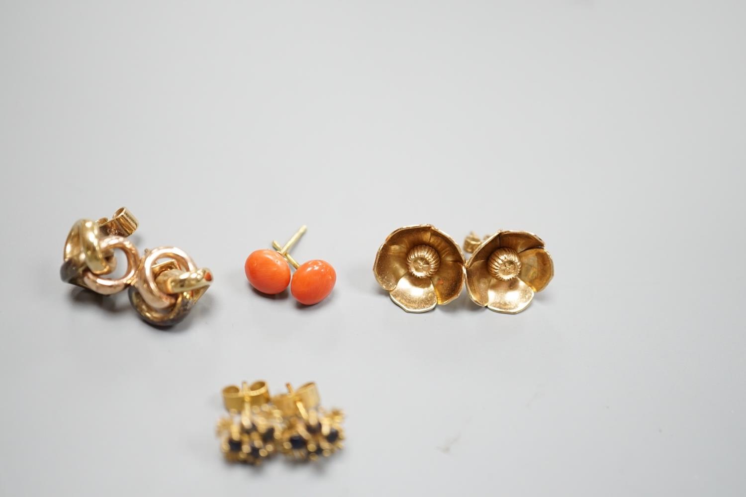 A pair of 750 yellow metal and coral bead ear studs, gross weight 1.8 grams and three pairs of - Image 4 of 4