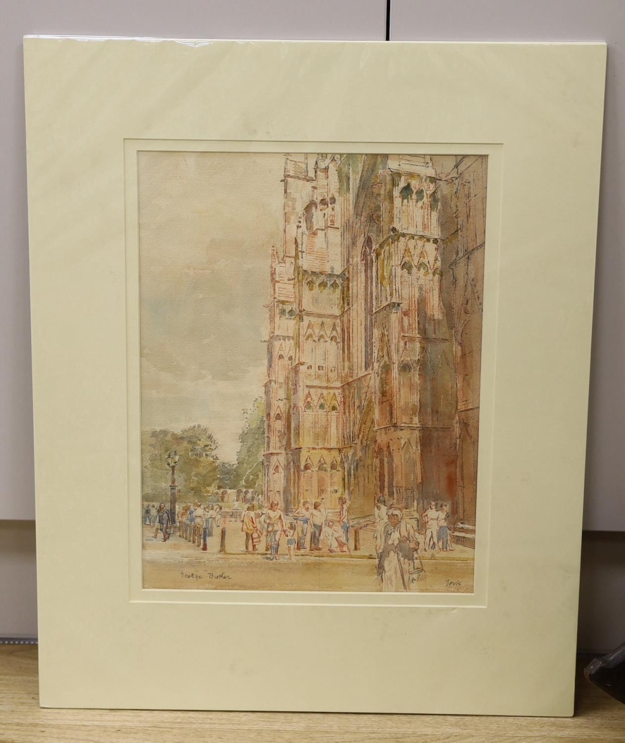 George Butler (1904-1999), watercolour, 'York', figures outside Yorkminster Cathedral, signed, 37 - Image 2 of 5