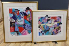 Two modern limited edition prints, ‘Show Time’ and ‘Dancing Woman’, indistinctly signed, 120/350 and