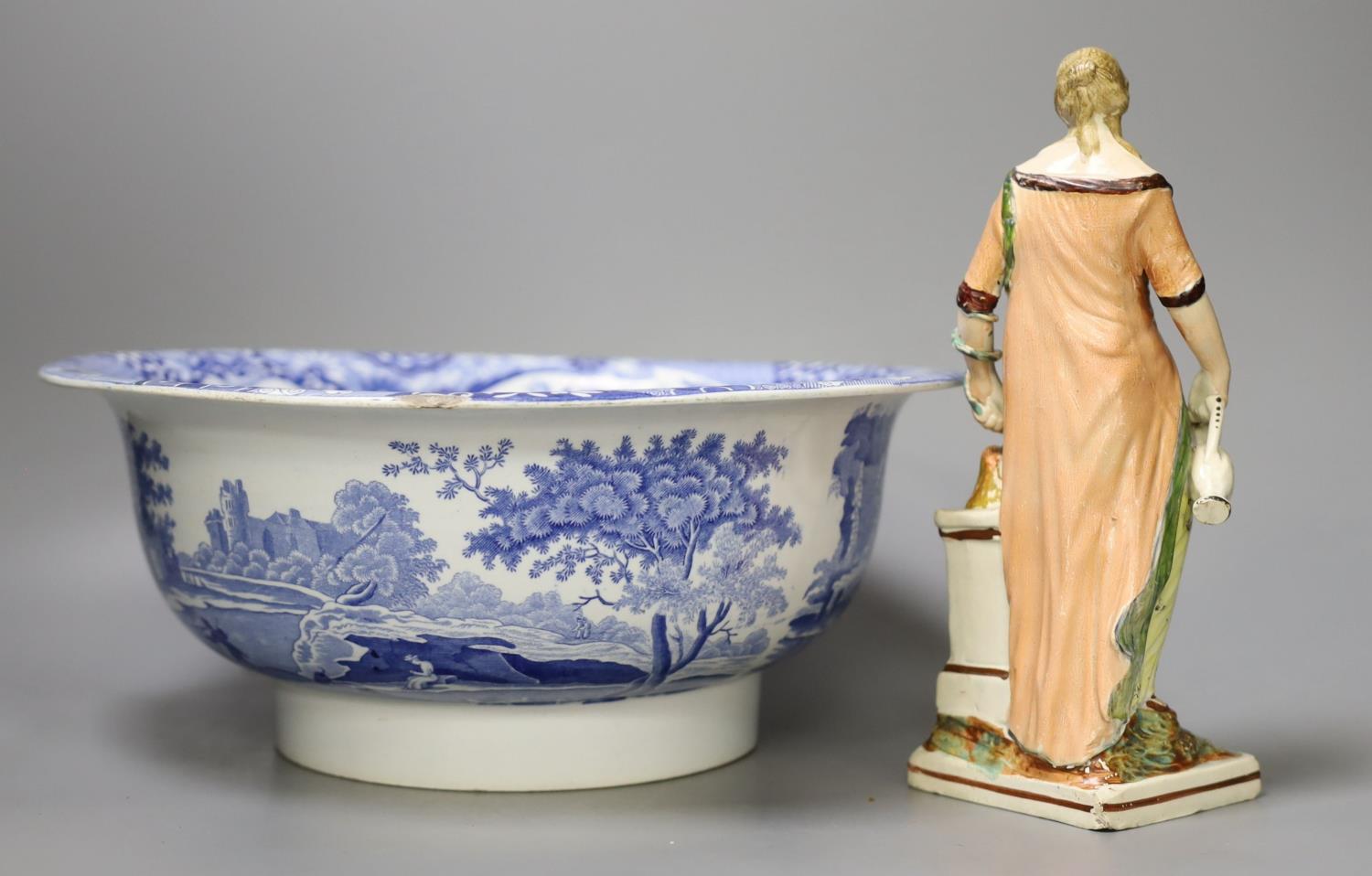 An early 19th century pearlware figure of a maiden, 24cm tall, and a Spode Italian bowl - Image 2 of 4