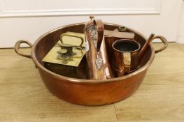 A mixed group of copper kettles / brass wares etc