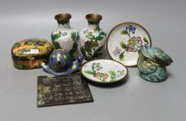 A Chinese bronze phoenix, a bronze plaque and Chinese cloisonne wares (8)