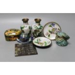 A Chinese bronze phoenix, a bronze plaque and Chinese cloisonne wares (8)