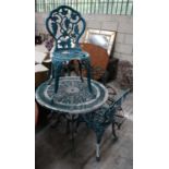 A circular painted aluminium garden table and three chairs, table diameter 79cm height 67cm