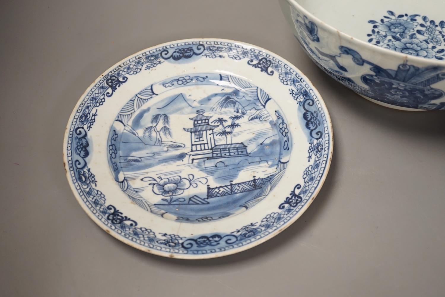 An 18th century Chinese blue and white punch bowl and similar plate. Largest 29cm - Image 2 of 6