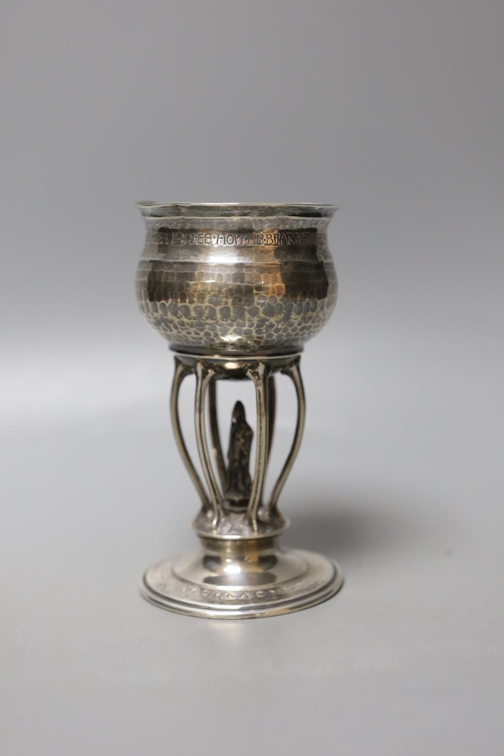 A George V Arts & Crafts planished silver presentation ecclesiastical goblet by Ramsden & Carr, with - Image 2 of 4