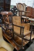 A Victorian elm and beech Windsor child's rocking chair, a Victorian style Windsor high chair and