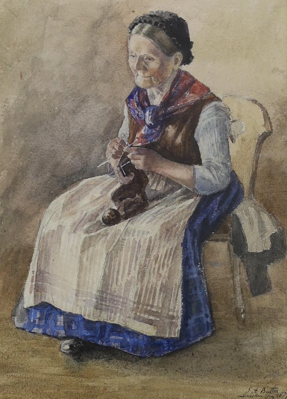 Miss S. A. Butler, (Exh. R.A.1890), watercolour, A woman knitting, signed and dated 1887, 34 x 25cm