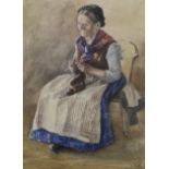Miss S. A. Butler, (Exh. R.A.1890), watercolour, A woman knitting, signed and dated 1887, 34 x 25cm