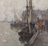 Henri Cassiers (1858-1944), oil on card, Fisherfolk along the wharf, signed, 22.5 x 23.5cm.