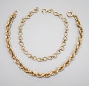 A modern 9ct fancy link bracelet, 18cm and a 9k rope twist bracelet, 21cm, 12.9 grams.