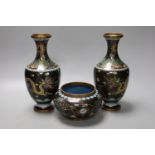 A pair of early 20th century Chinese cloisonne enamel 'dragon' vases and a matching bowl