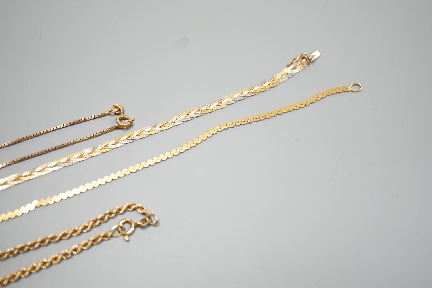 Four assorted modern 9ct chains, including three colour and rope twist, largest 38cm, 25.1 grams. - Image 3 of 4