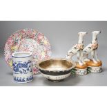 A Chinese porcelain bowl, brush pot, plate and a pair of dogs