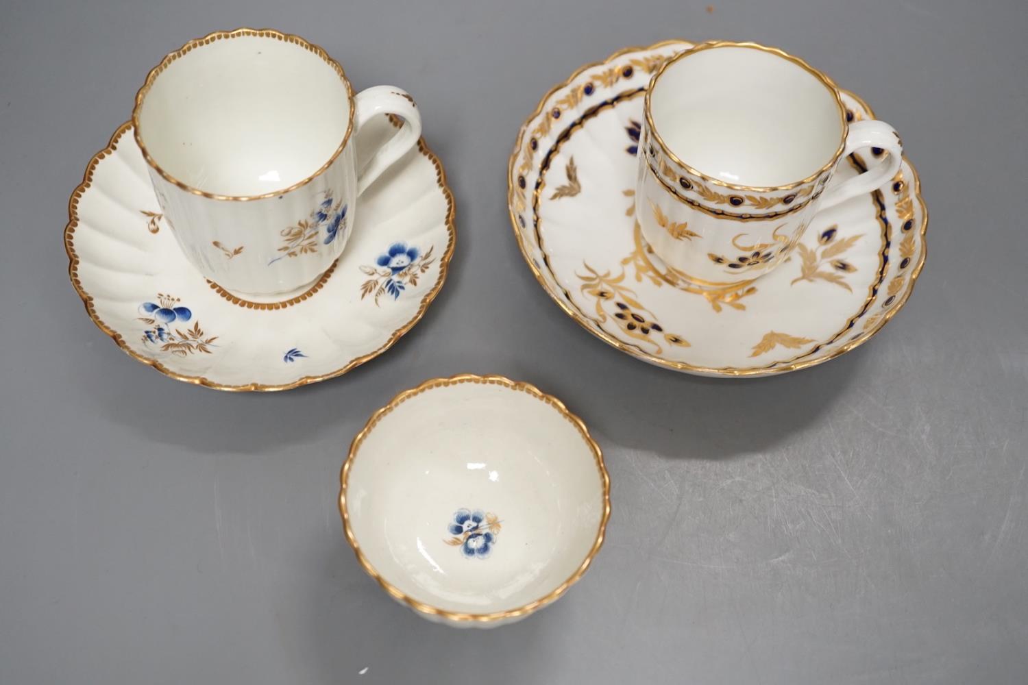 A Worcester fluted coffee cup, teacup and saucer painted with dry blue flowers and gilt foliage - Image 2 of 4