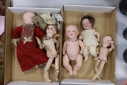 A collection of five 19th century, mostly Armand Marseille, dolls, all open mouthed