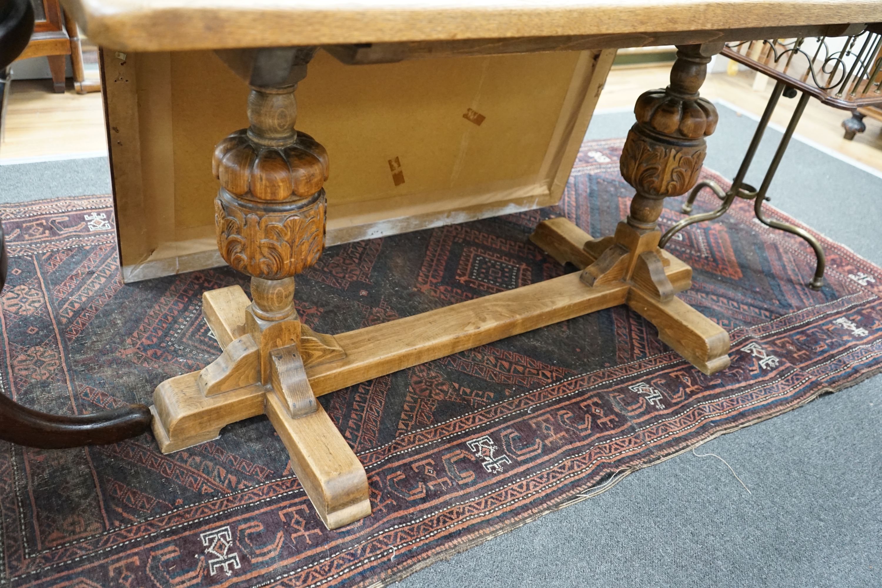 A small 1920s light oak rectangular refectory dining table, width 138cm depth 68cm height 74cm - Image 2 of 4