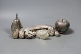 A group of novelty modern filled silver nuts, including Brazil, cob and walnut and three unmarked