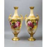 A pair of Royal Worcester rose painted vases, signed W. Hart - 34cm tall