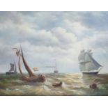 J. Lawrence, oil on board, Shipping off the coast, signed, 39 x 49cm