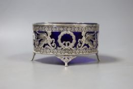 An early 20th century Hanau pierced silver oval bowl, with blue glass liner, import marks for