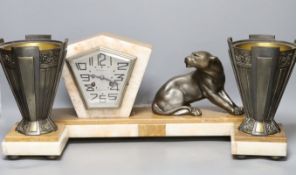 An Art Deco marble and spelter panther clock garniture