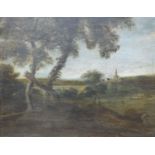 19th century English School, oil on wooden panel, Traveller and church in a landscape, 40 x 50cm