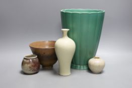 A Keith Murray for Wedgwood vase, a Bauhaus type miniature vase, a Swedish studio porcelain vase and