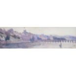 Mary Reade (Exh. 1882-1933), watercolour, View of a riverside town, signed, 7 x 25cm