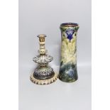 A Doulton Lambeth stoneware vase and similar candlestick by Edith D Lapton, tallest 33cm
