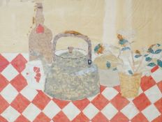 Modern British, collage and watercolour, Table top still life with a kettle, 34 x 44cm