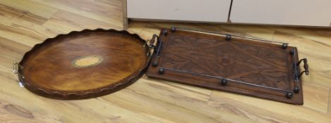 An oval, shell inlaid, pie crust tray and a carved oak rectangular tray, with chrome gallery and