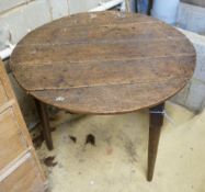 A mid 18th century oak cricket table, width 73cm depth 72cm height 59cm, feet reduced