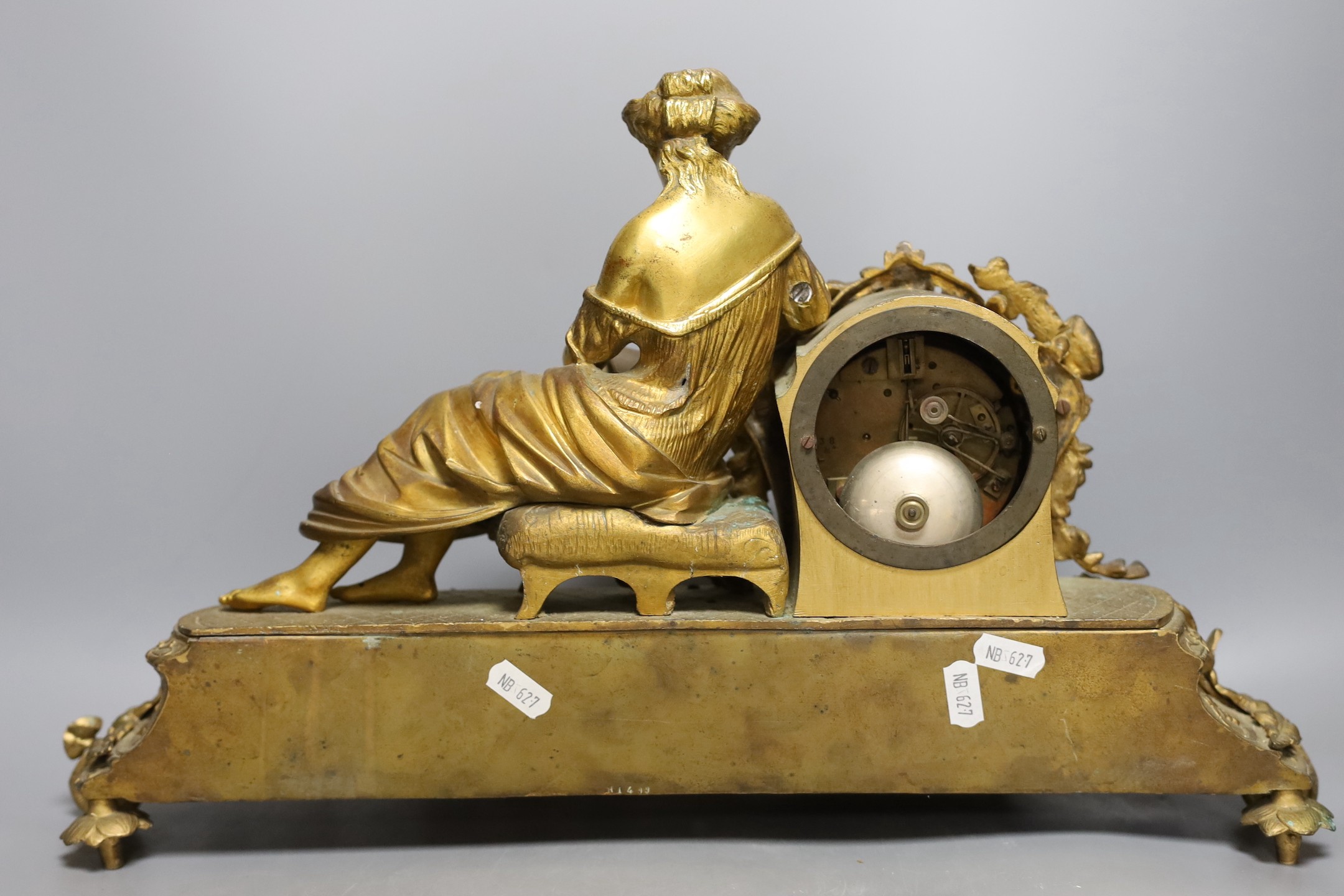 A French gilt metal mantel clock with blue enamel floral decoration and mounted lady reading - - Image 2 of 3