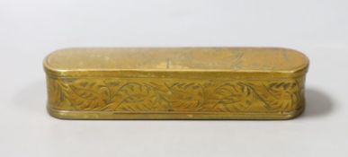 A 17th/18th century finely engraved Dutch brass tobacco box - 15.5cm long