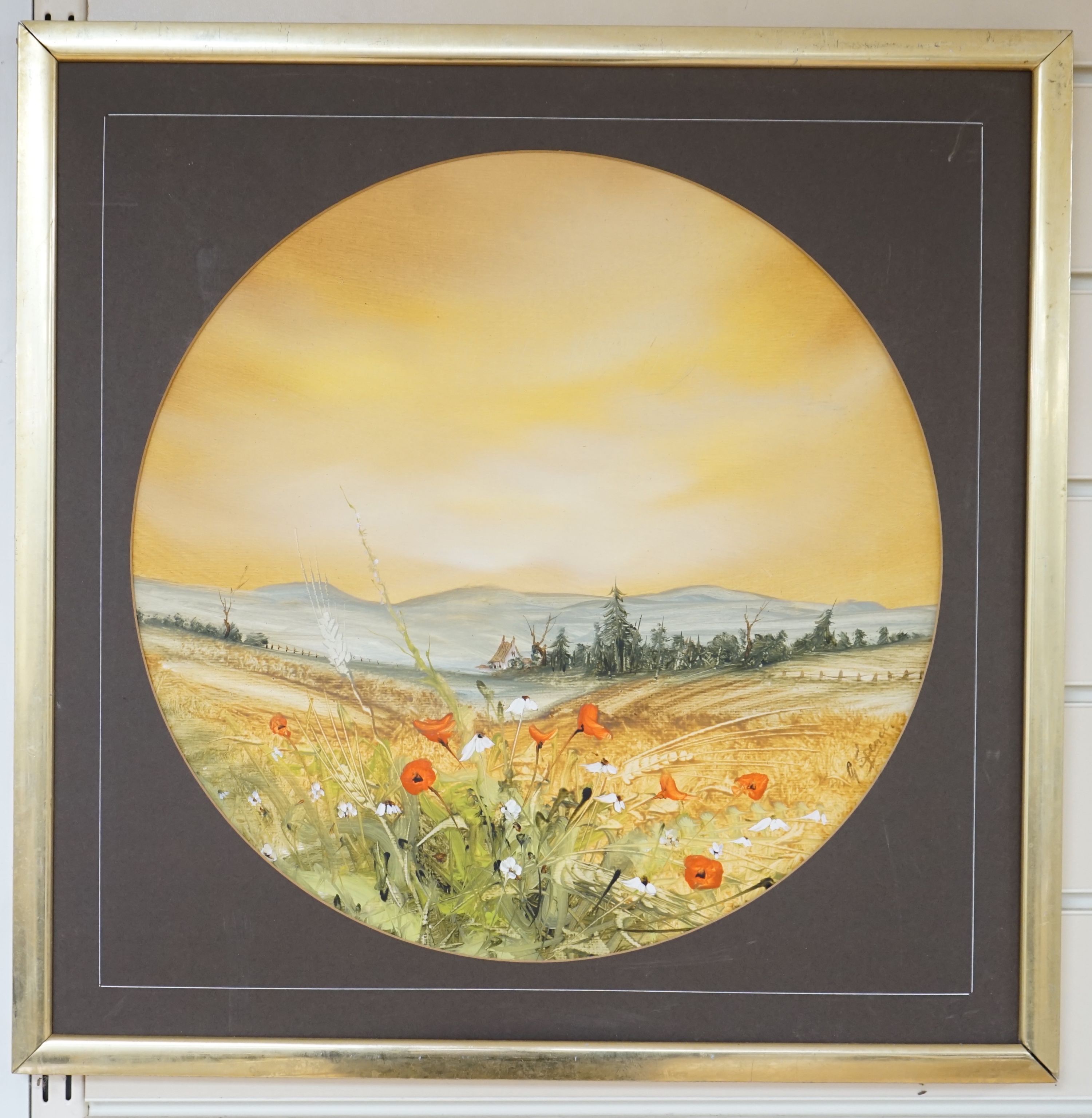 G. Spence, oil on paper, Poppies in a landscape, signed, tondo 38cm - Image 2 of 2