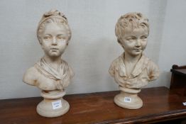 After Houdon - a pair of French painted terracotta busts of Louise and Alexandre Brongniart,